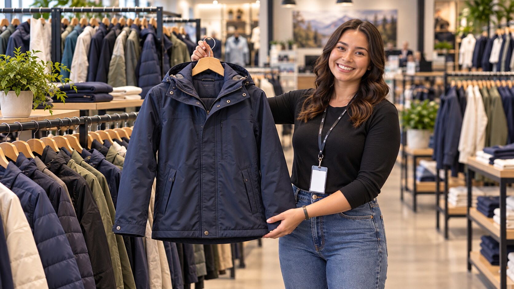 Sales associate holding the featured navy jacket